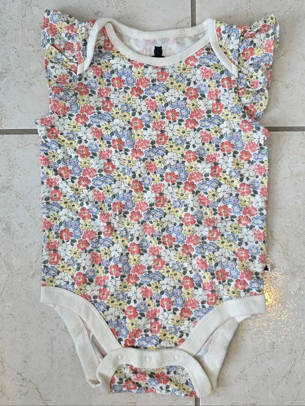 Floral Flutter-Sleeve Baby One-Piece - White with Pink, Yellow & Blue Flowers